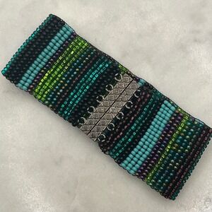 Seed Bead Cuff Bracelet Magnetic Green Multi Stripe Wide Woven Boho Jewelry